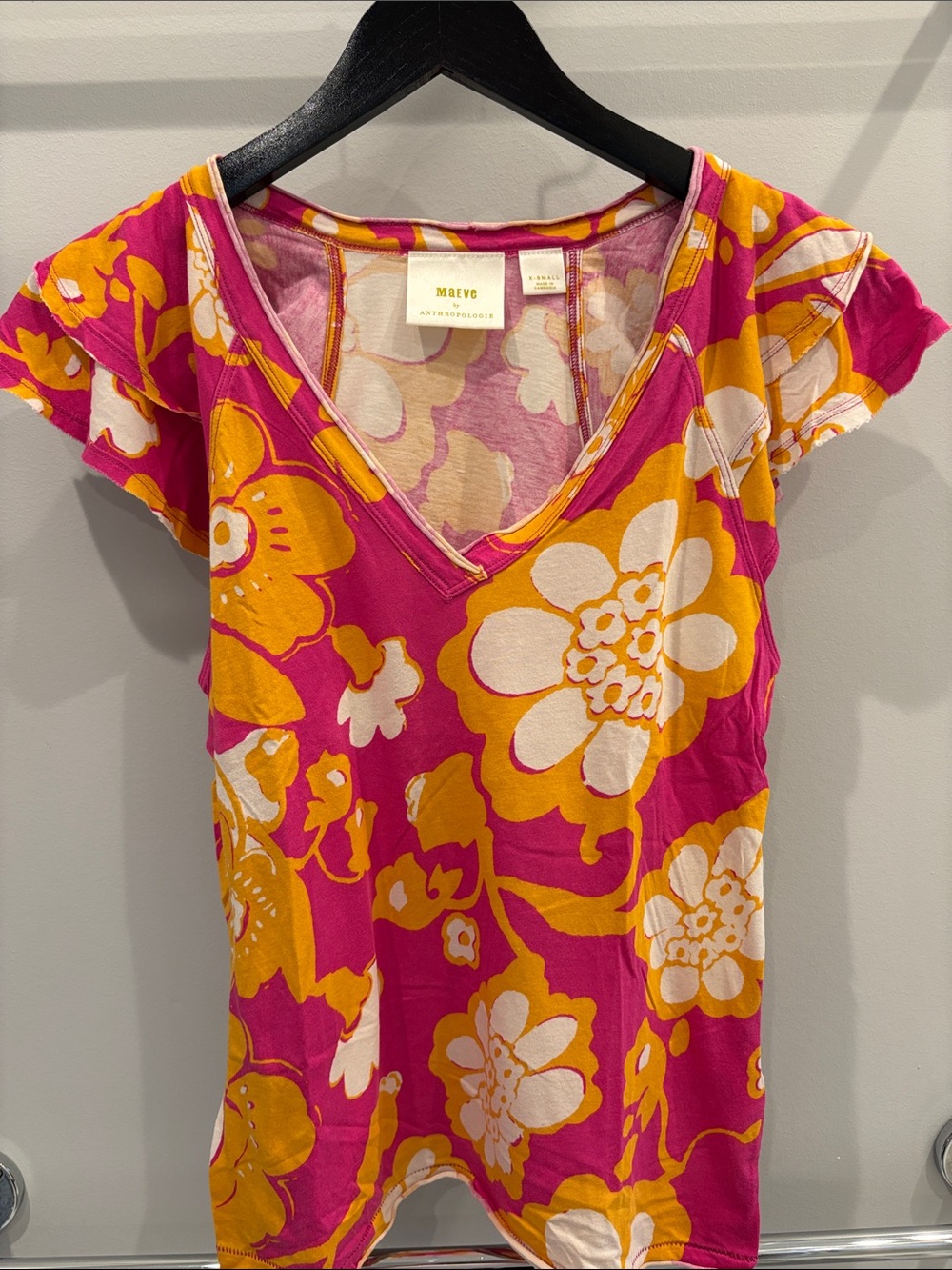 Maeve Pink & Mustard Floral V-Neck Short Sleeve Tee